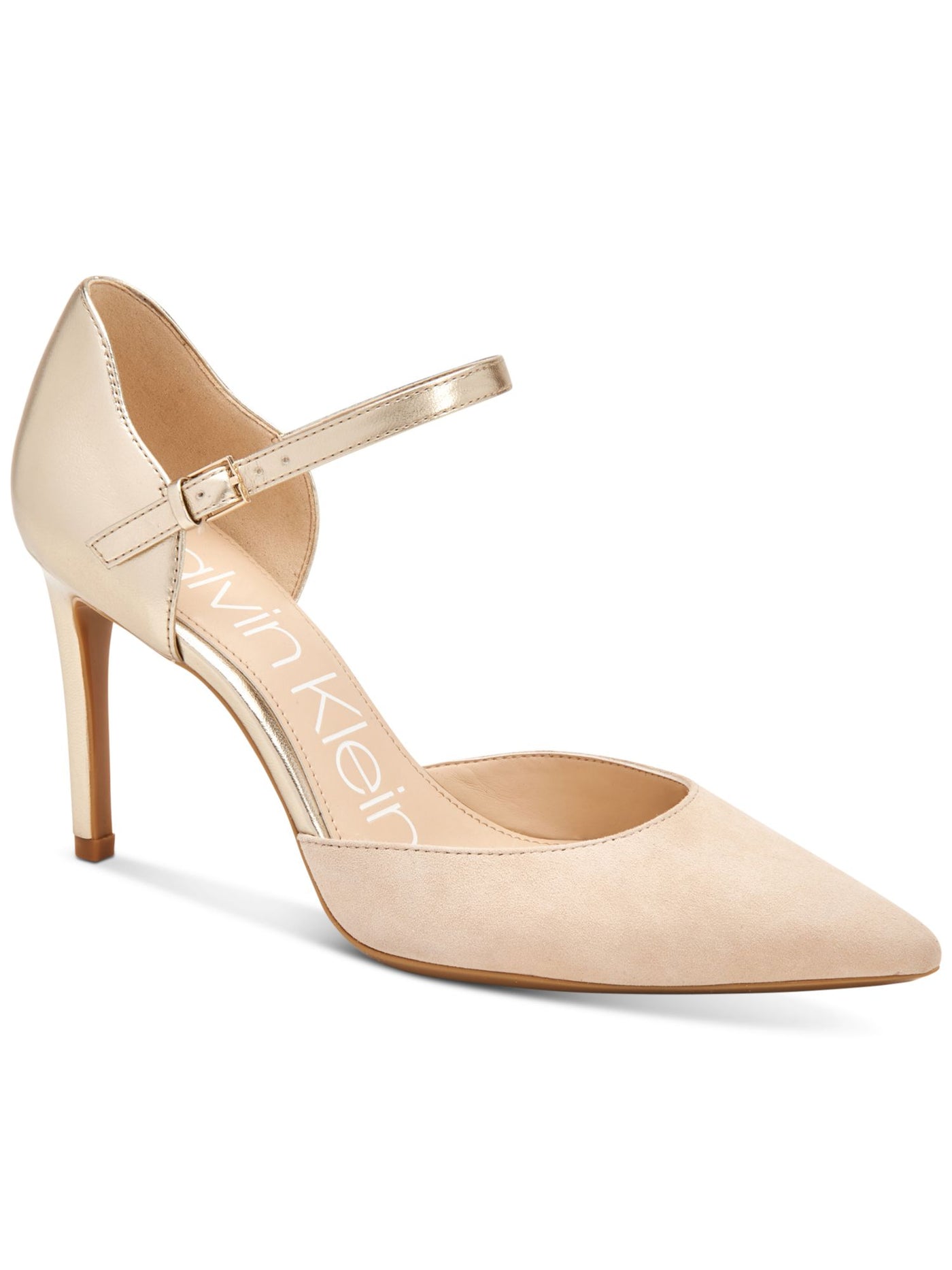 CALVIN KLEIN Womens Beige Gel Pod Insert D Orsay Ankle Strap Cushioned Roya Pointed Toe Stiletto Buckle Leather Dress Pumps Shoes 7.5