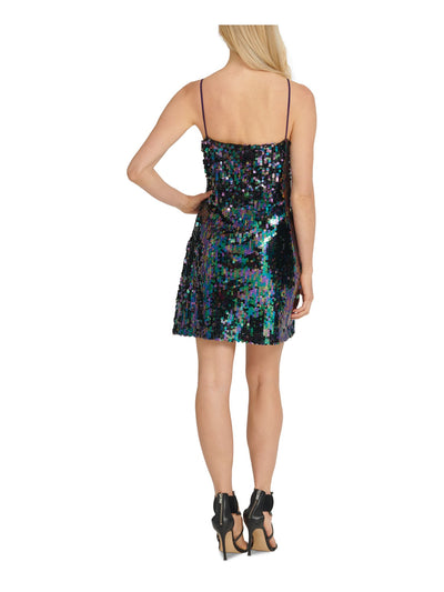 DKNY Womens Purple Sequined Spaghetti Strap V Neck Short Cocktail Fit + Flare Dress M