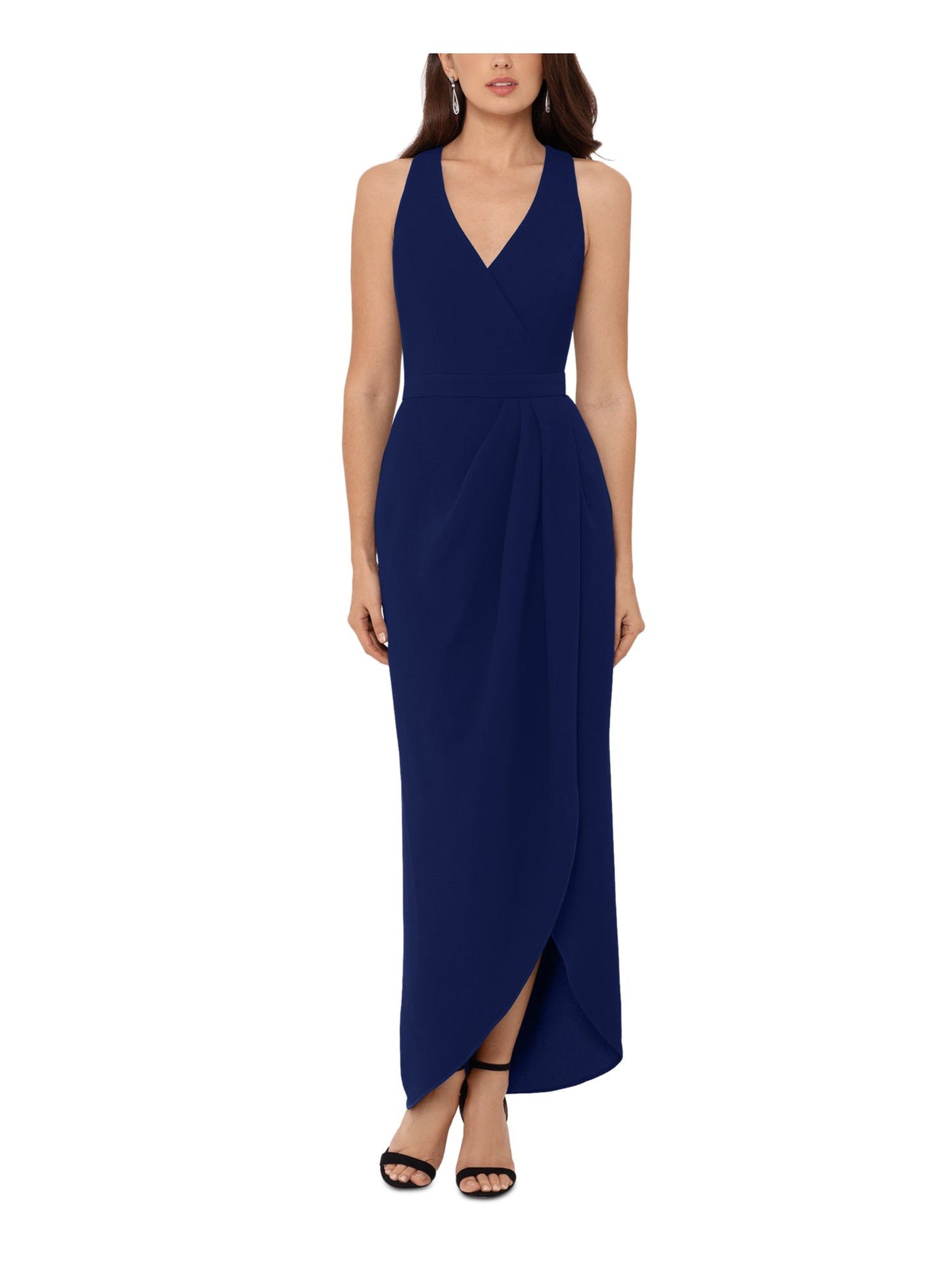 XSCAPE Womens Navy Zippered Sleeveless V Neck Maxi Evening Tulip Dress 14