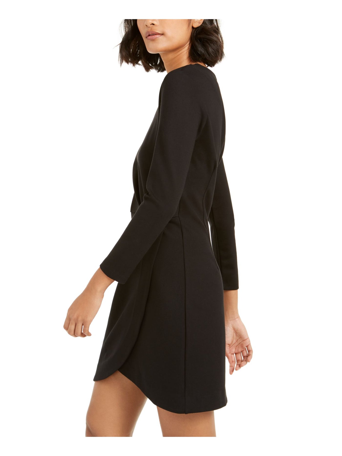 FRENCH CONNECTION Womens Black Stretch Gathered Long Sleeve Crew Neck Mini Faux Wrap Dress 8