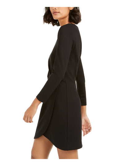 FRENCH CONNECTION Womens Black Stretch Gathered Long Sleeve Crew Neck Mini Faux Wrap Dress 8