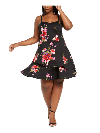 MY MICHELLE Womens Black Floral Spaghetti Strap Square Neck Knee Length Party Fit + Flare Dress 20