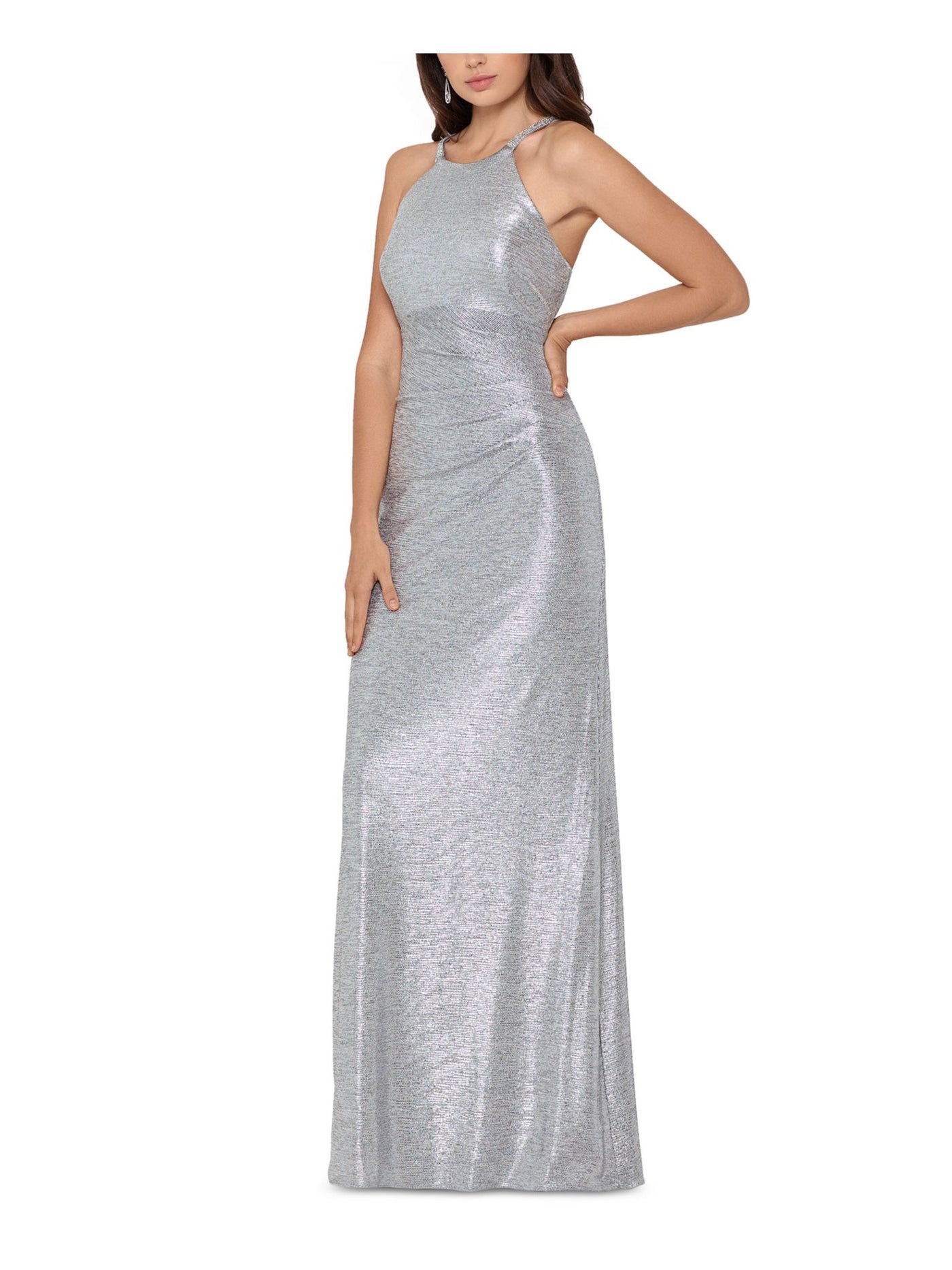 BETSY & ADAM Womens Silver Halter Full-Length Evening Body Con Dress 2
