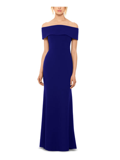 BETSY & ADAM Womens Blue Ruffled Bow-back Off Shoulder Full-Length Formal Dress 2
