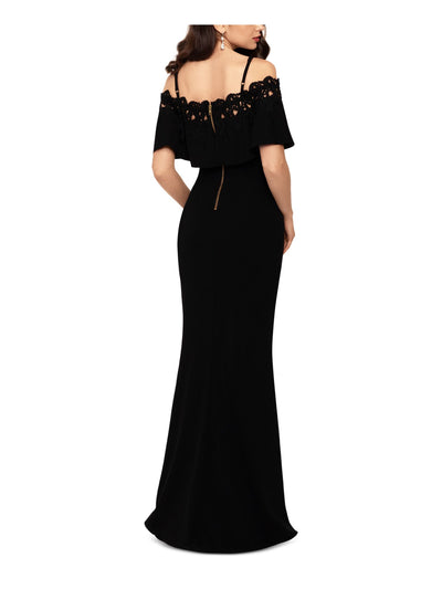 BETSY & ADAM Womens Slitted Lace Trim Off Shoulder Full-Length Evening Dress