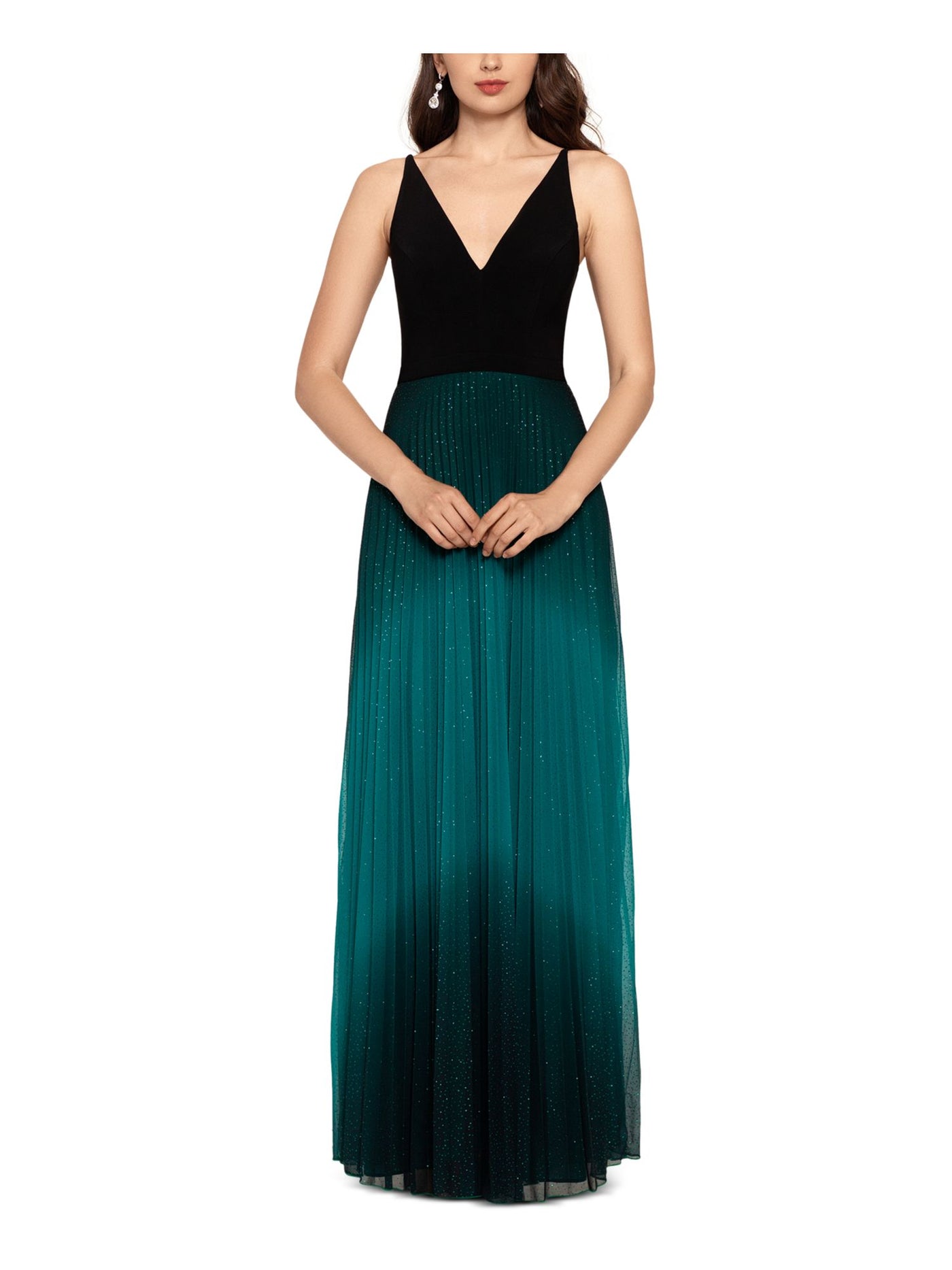 BETSY & ADAM Womens Black Glitter Ombre Sleeveless V Neck Full-Length Formal Pleated Dress 10