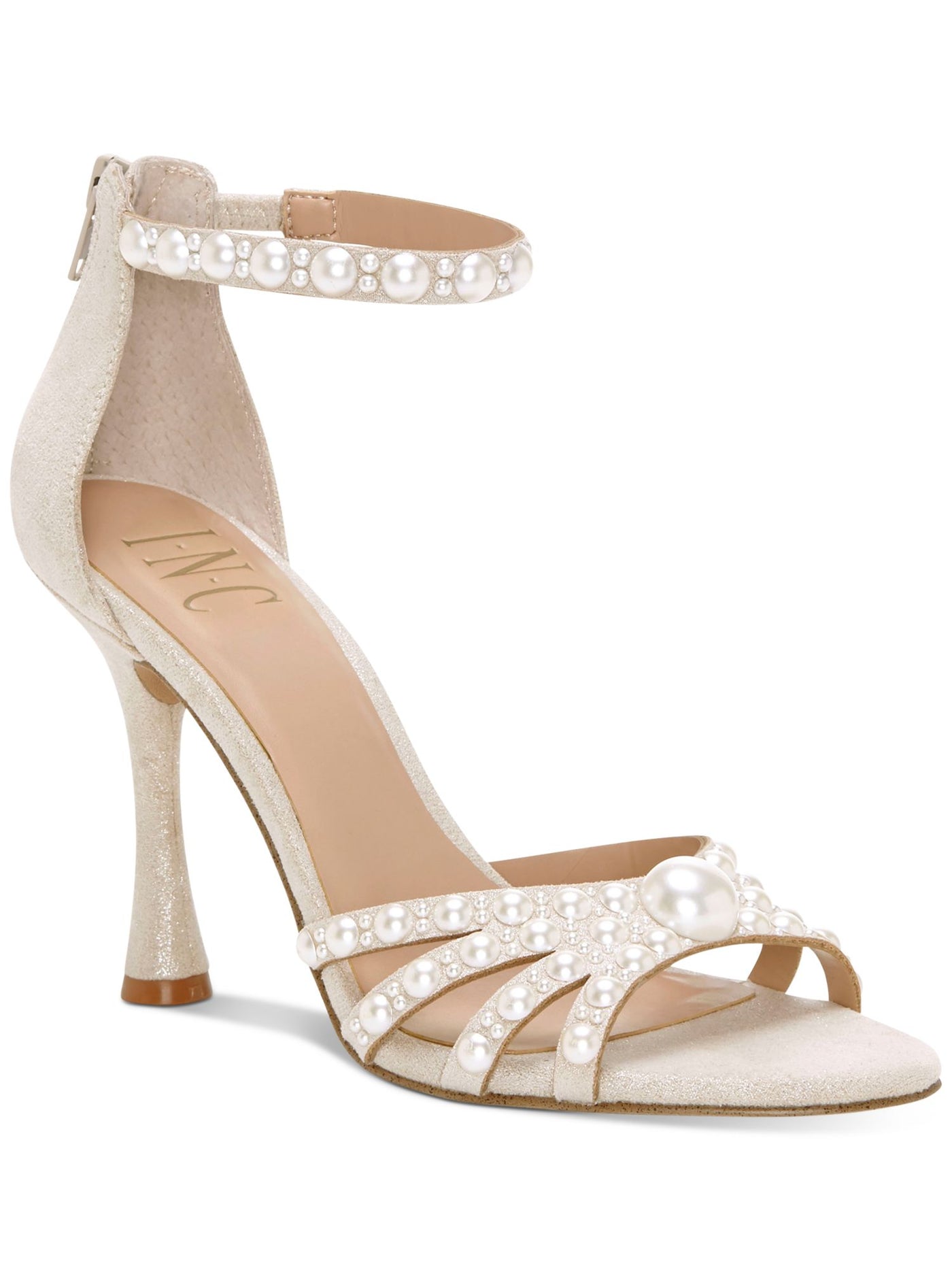 INC Womens Beige Faux Pearl Accent Rhinestone Glitter Riolana Round Toe Flare Zip-Up Dress Sandals 10 M