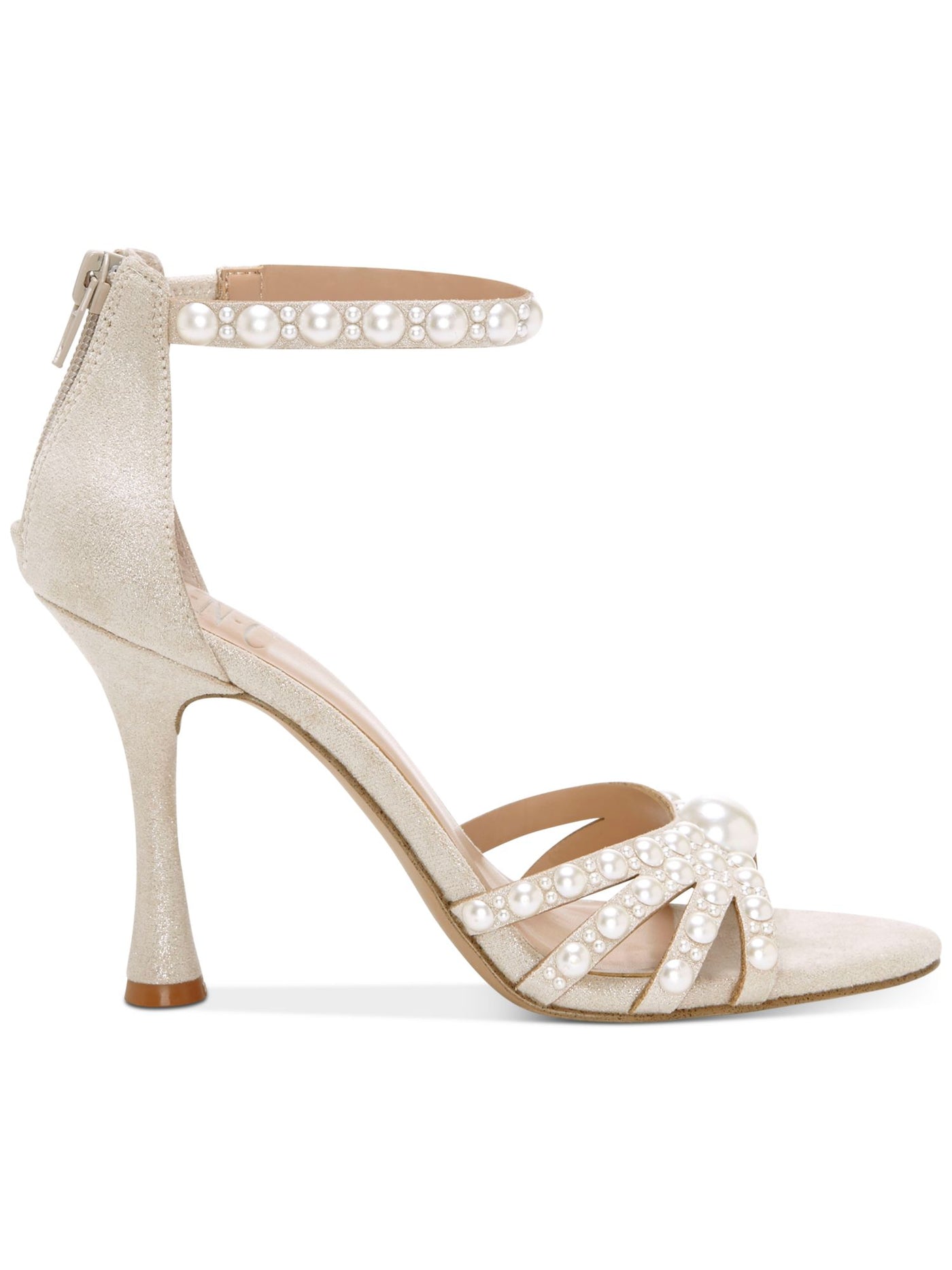 INC Womens Beige Faux Pearl Accent Rhinestone Glitter Riolana Round Toe Flare Zip-Up Dress Sandals Shoes 7.5 M