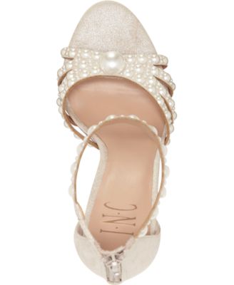 INC Womens Beige Faux Pearl Accent Rhinestone Glitter Riolana Round Toe Flare Zip-Up Dress Sandals Shoes M