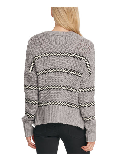 DKNY Womens Gray Striped Long Sleeve Crew Neck Sweater L