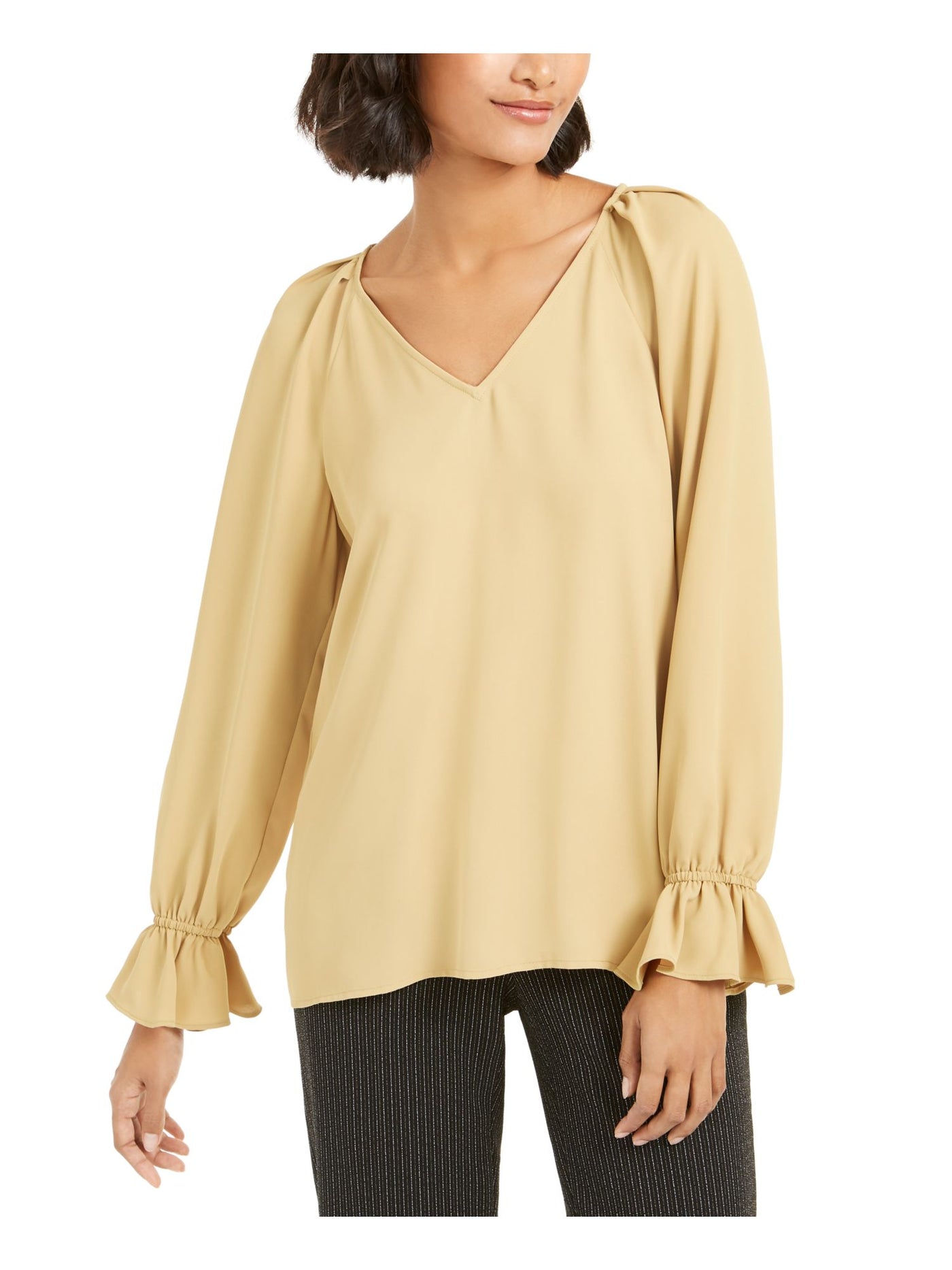 BAR III Womens Yellow Pleated Long Sleeve V Neck Wear To Work Top XXS