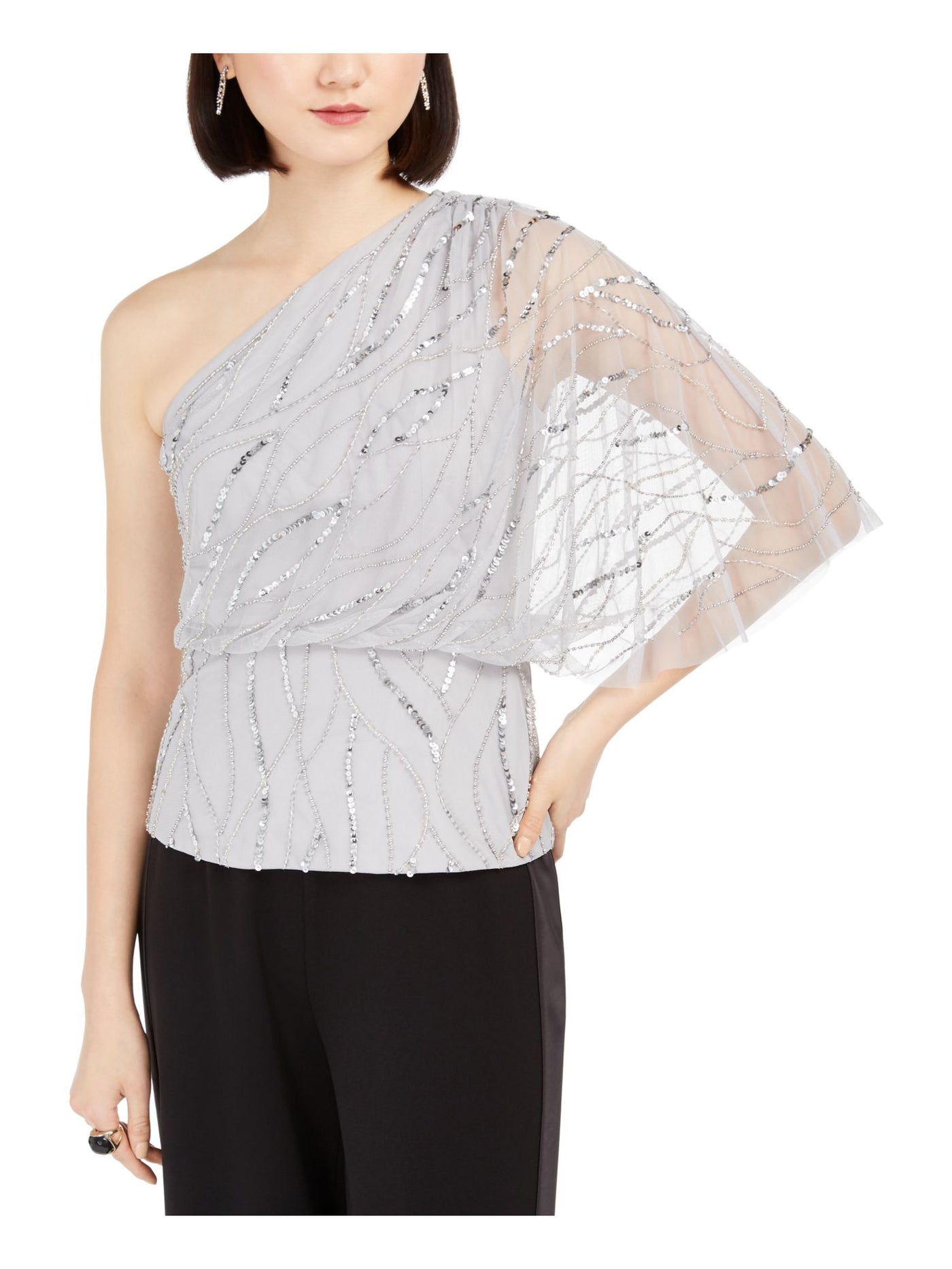 ADRIANNA PAPELL Womens Silver Sequined Sheer Patterned Sleeveless Asymmetrical Neckline Evening Top 4P