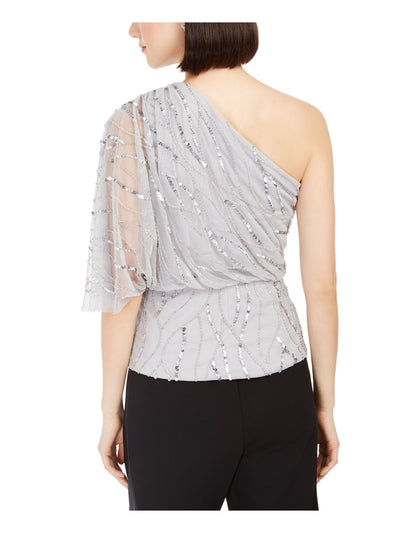 ADRIANNA PAPELL Womens Gray Sequined Sheer Patterned Sleeveless Asymmetrical Neckline Evening Top Petites 14P