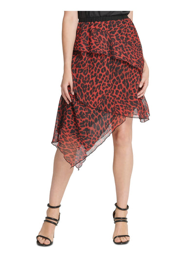DKNY Womens Red Animal Print Knee Length Ruffled Skirt S