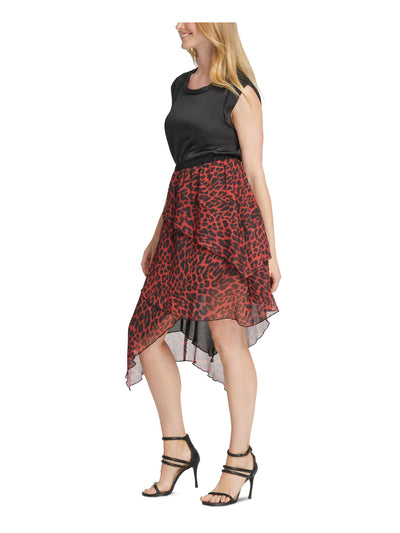 DKNY Womens Red Animal Print Knee Length Ruffled Skirt S