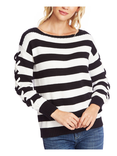 CECE Womens Black Striped Long Sleeve Boat Neck Sweater L