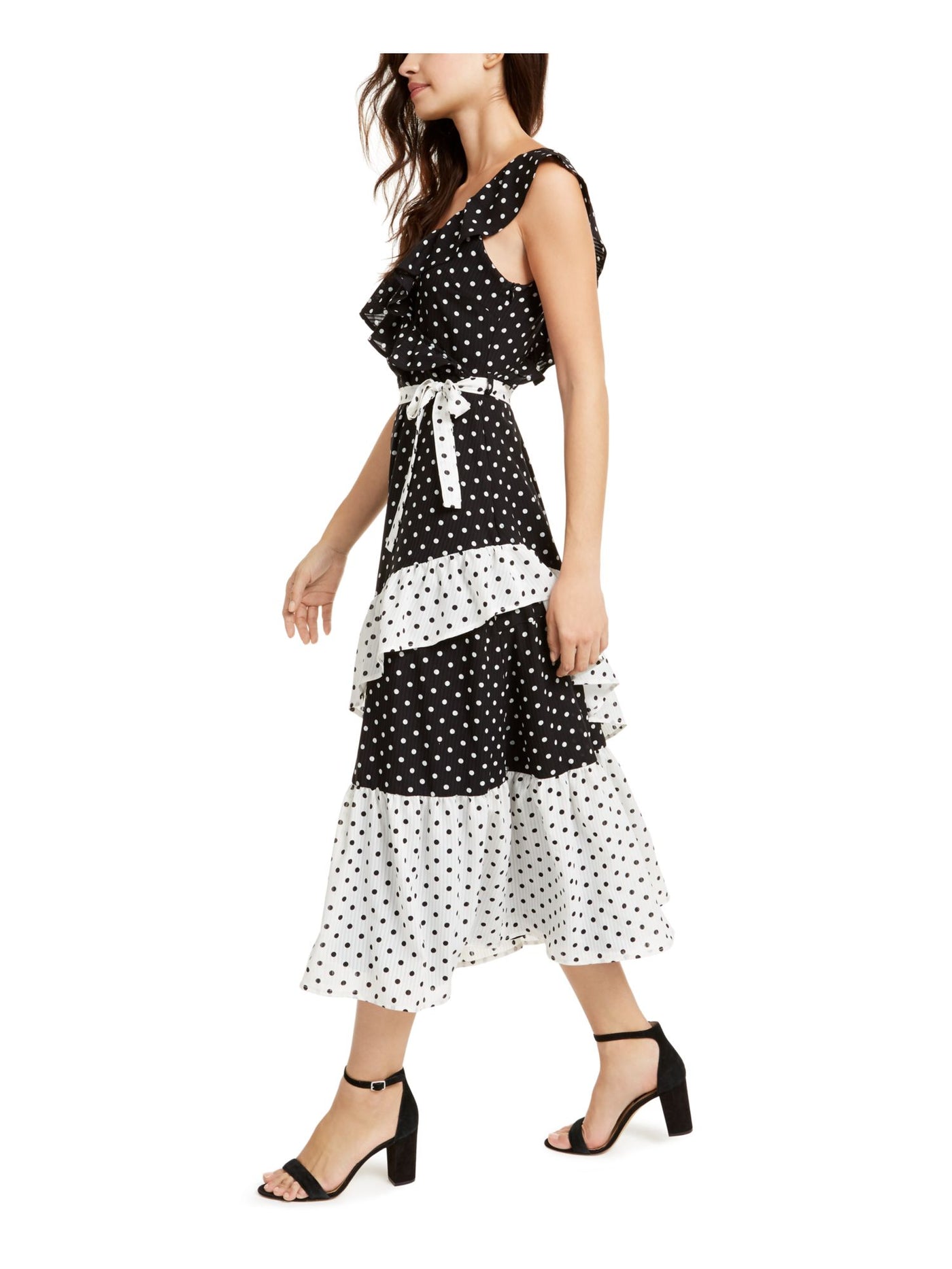 Q+A Los Angeles Womens Black Belted Polka Dot Cap Sleeve V Neck Tea-Length Wrap Dress L