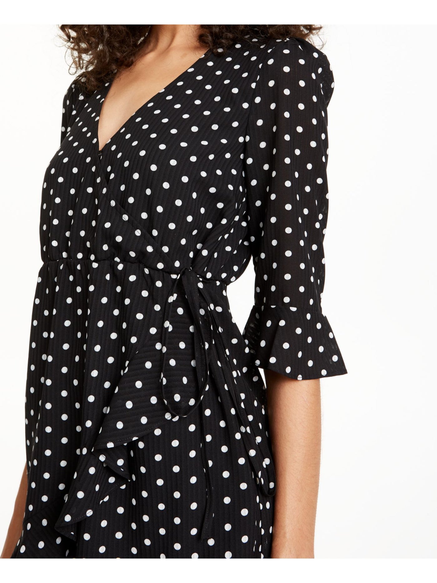 Q+A Los Angeles Womens Black Polka Dot 3/4 Sleeve V Neck Mini Wrap Dress S