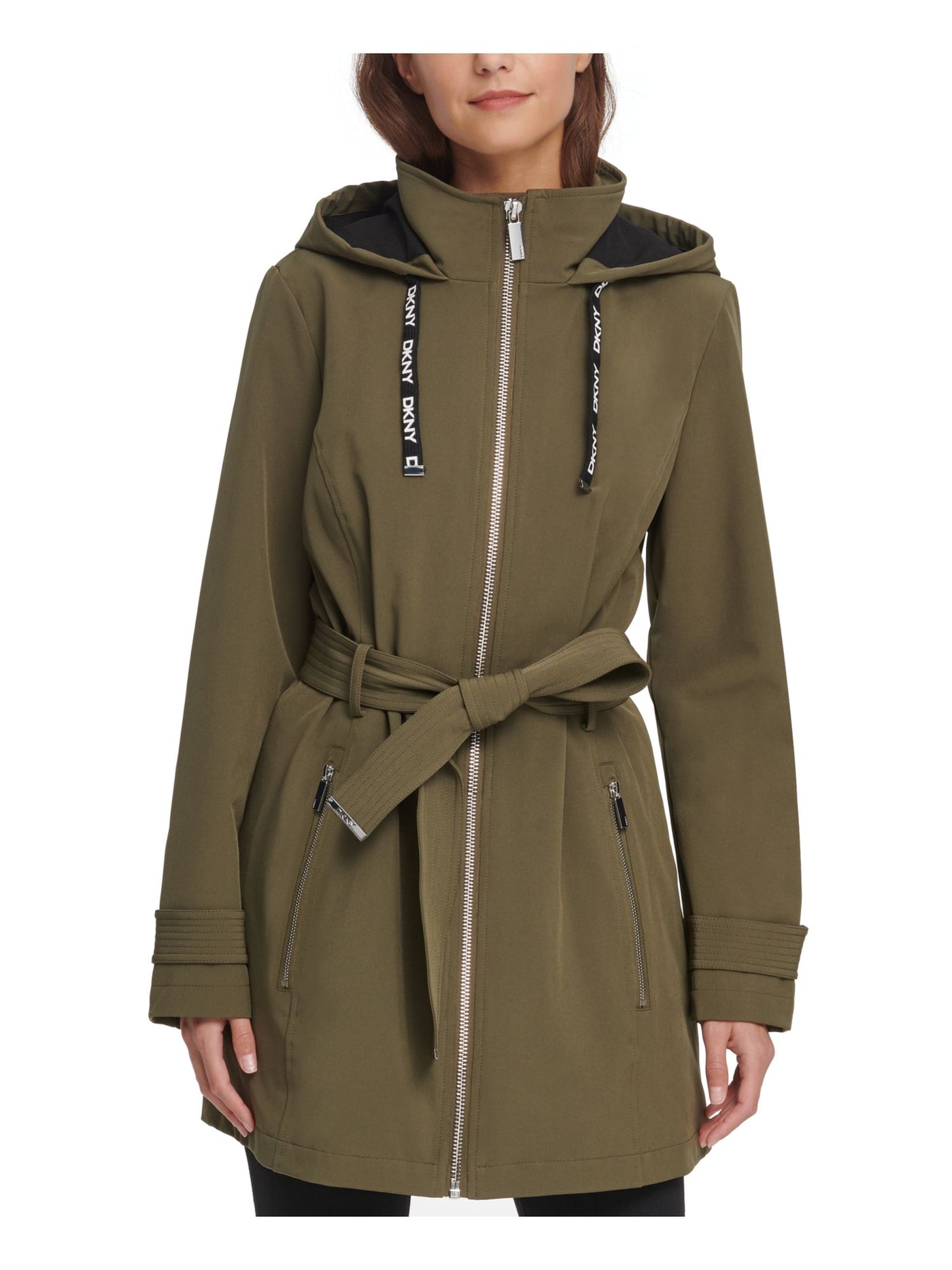 DKNY Womens Green Pocketed Zippered Hooded Water-resistant Raincoat M