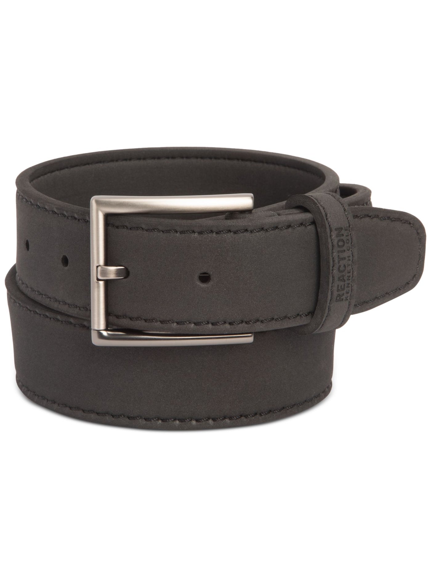 REACTION KENNETH COLE Mens Black Brushed Gunmetal Buckle Faux Leather Casual Belt M 34-36