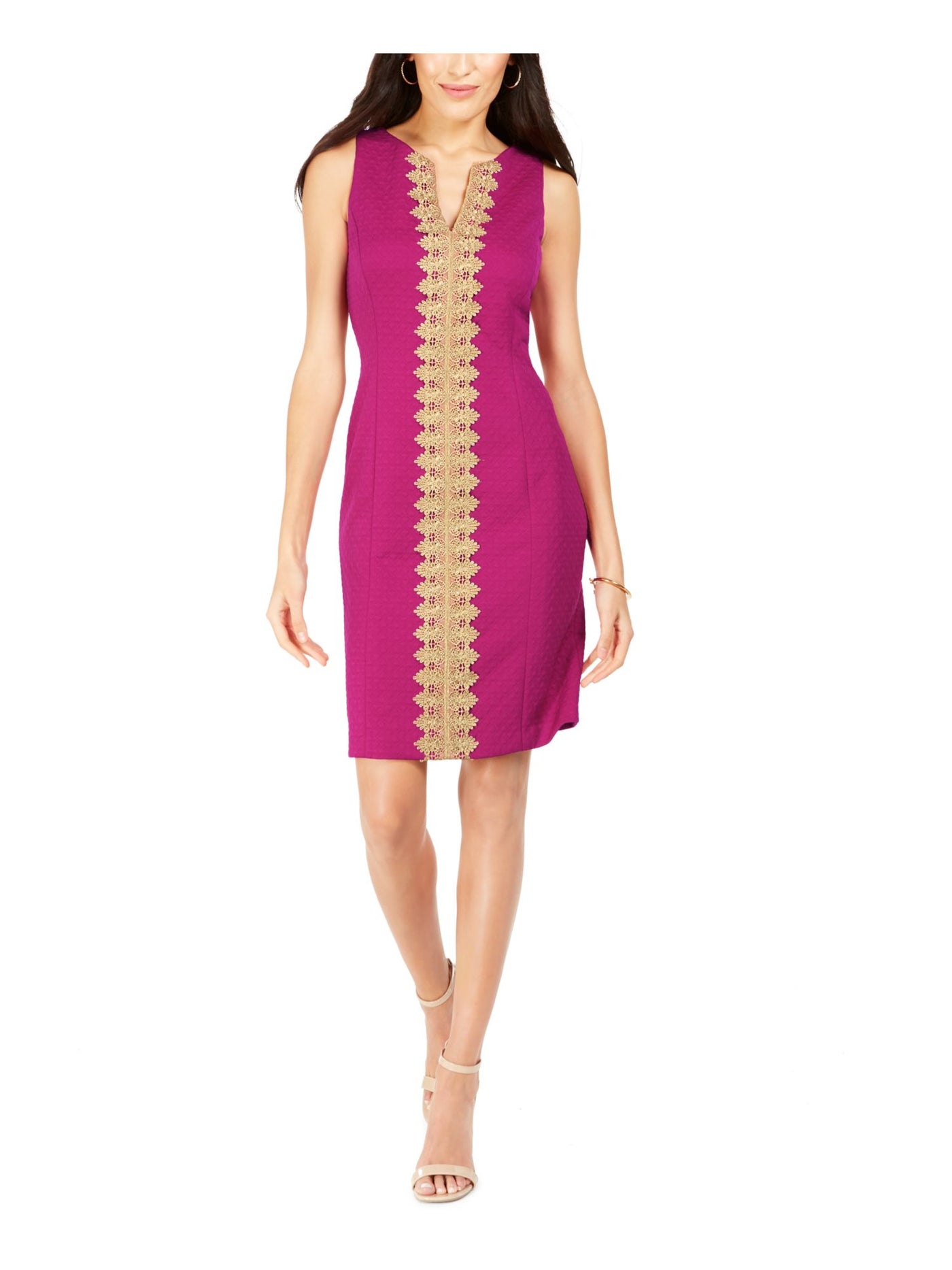 PAPPAGALLO Womens Pink Embroidered Sleeveless V Neck Knee Length Evening Sheath Dress 12