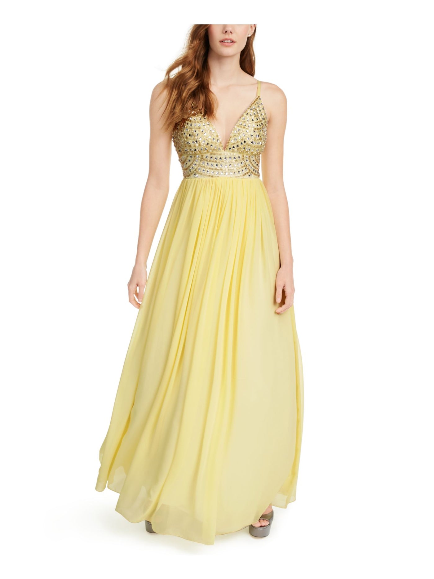 SPEECHLESS Womens Yellow Embellished Zippered Chiffon Ball Gown Spaghetti Strap V Neck Full-Length Prom Dress Juniors 1