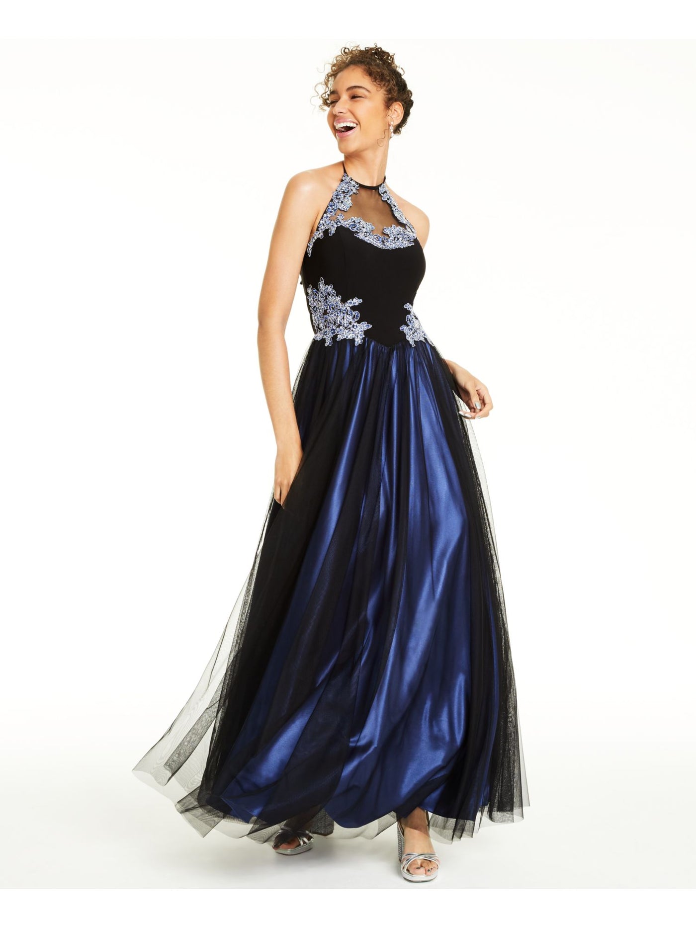 BLONDIE Womens Blue Embellished Sheer Halter Full-Length Formal Fit + Flare Dress 5