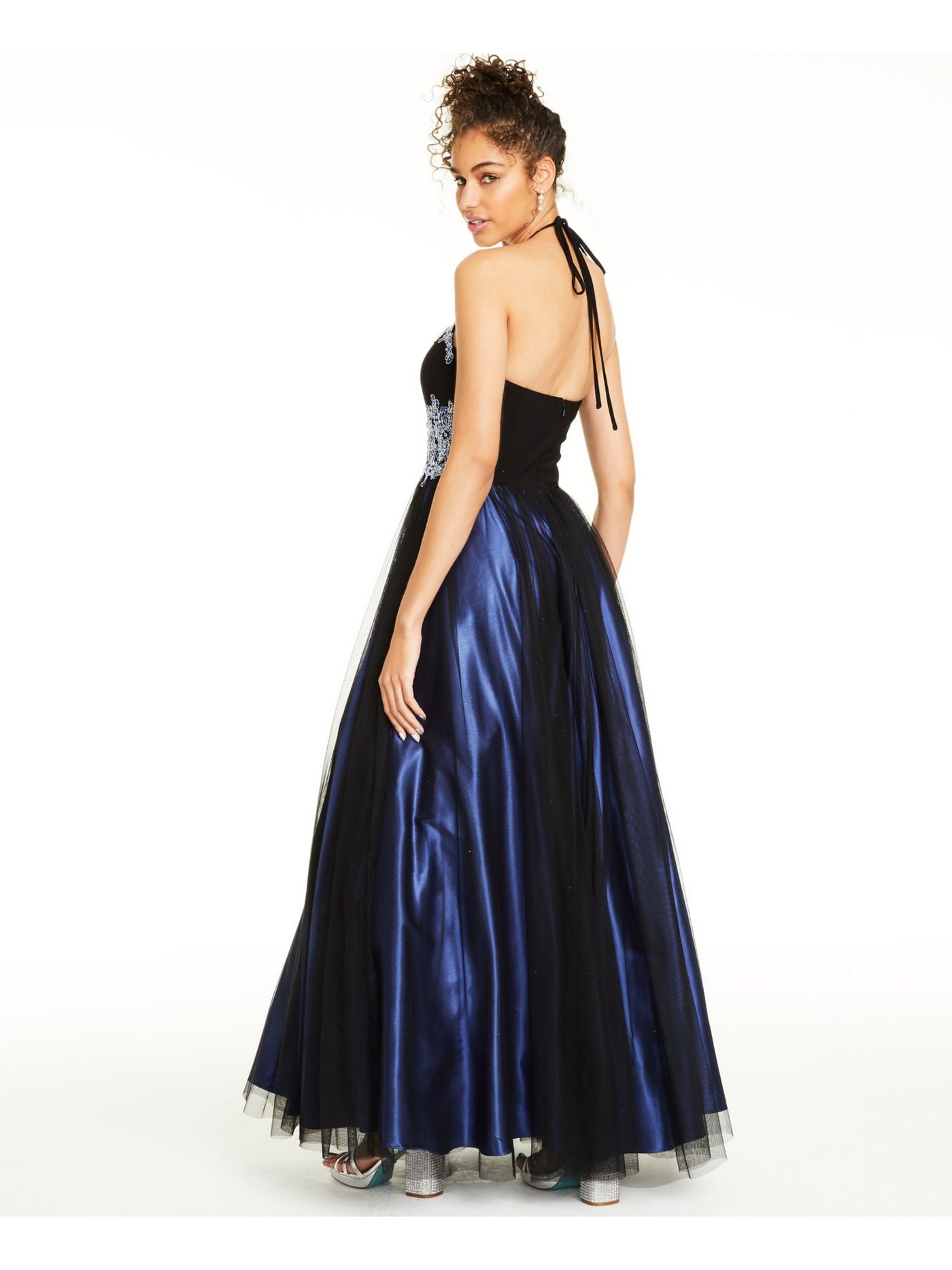 BLONDIE NITES Womens Blue Embellished Sheer Halter Full-Length Formal Fit + Flare Dress Juniors 11