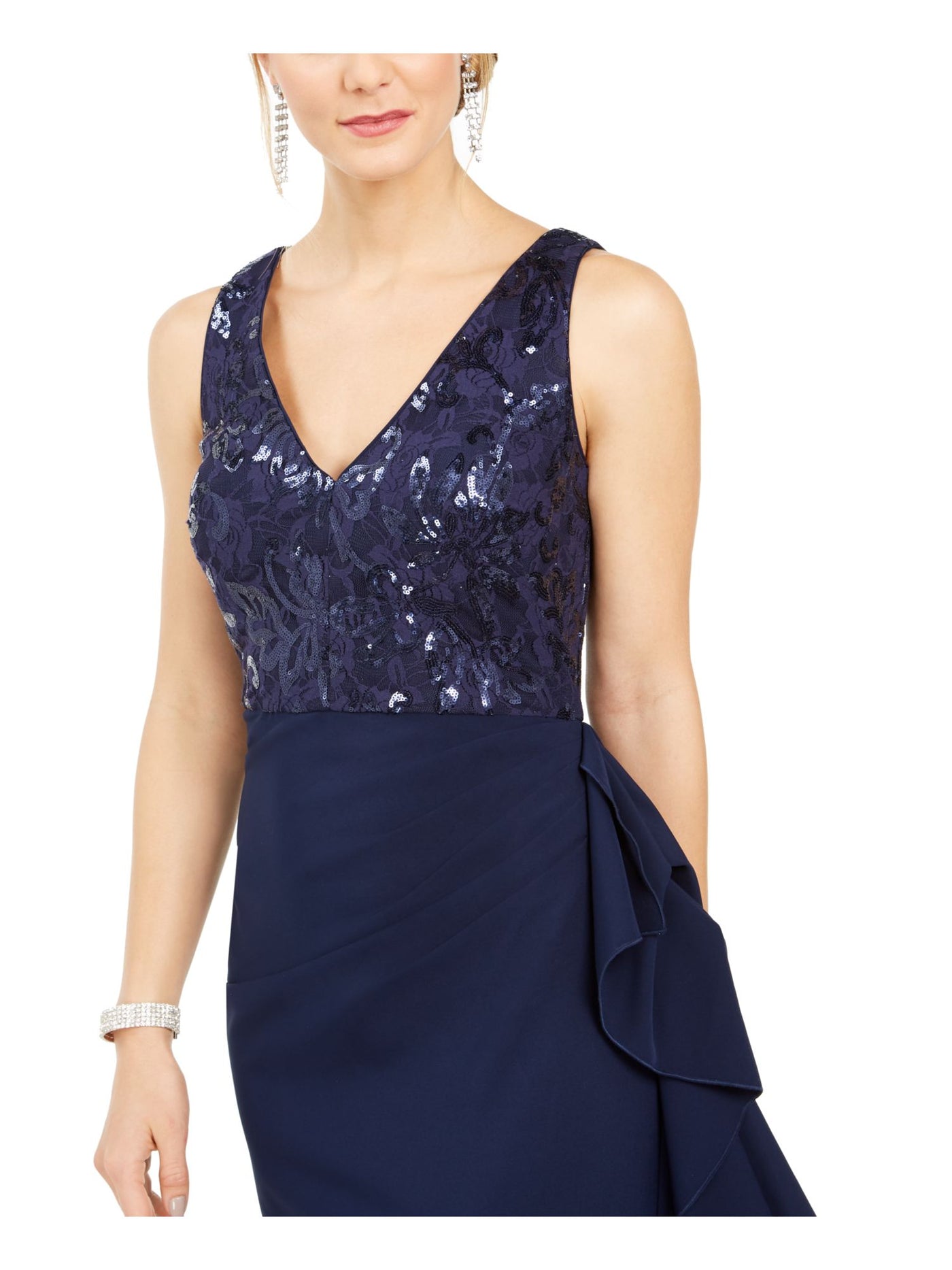 VINCE CAMUTO Womens Navy Sequined Lace Ruffled Side-ruched Slitted Sleeveless V Neck Formal Dress 6