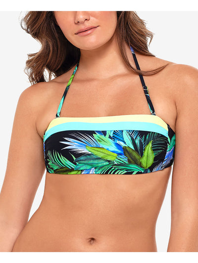 RUSSELL ATHLETIC Women's Black Tropical Print Stretch Removable Cups Lined Convertible Tie Tropic Glo Bandeau Swimsuit Top XL