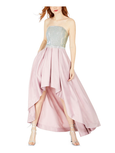 SPEECHLESS Womens Pink Rhinestone Patterned Sleeveless Strapless Full-Length  Hi-Lo Prom Dress Juniors 1