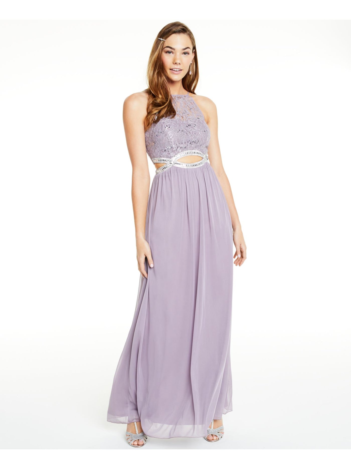 SPEECHLESS Womens Purple Sequined Cut Out Sleeveless Halter Full-Length Formal Empire Waist Dress Juniors 7