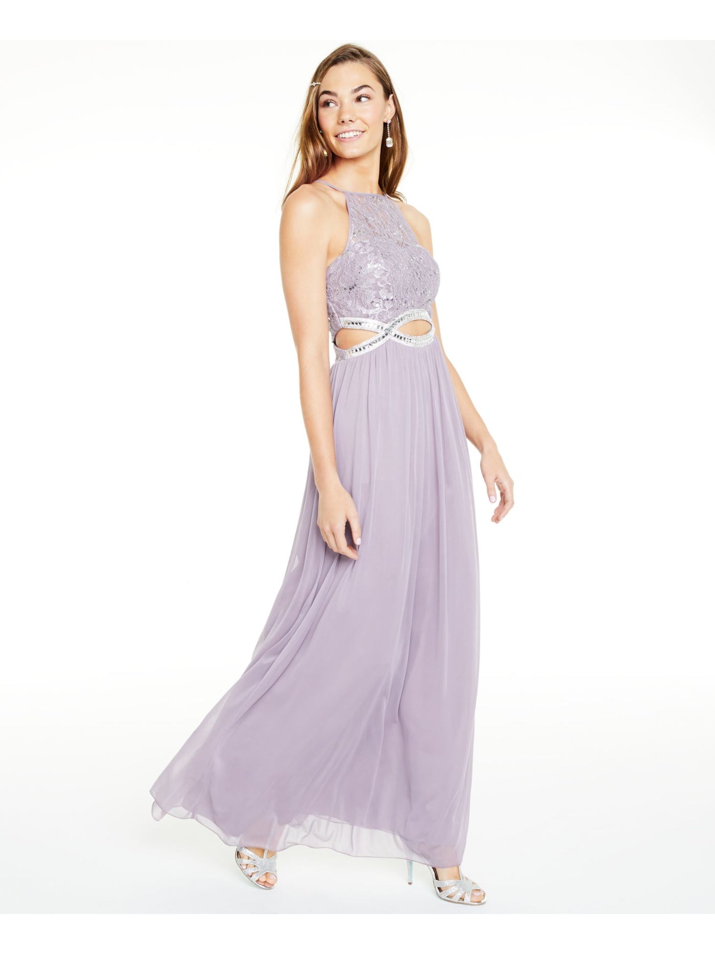 SPEECHLESS Womens Purple Sequined Cut Out Sleeveless Halter Full-Length  Empire Waist Prom Dress Juniors 5