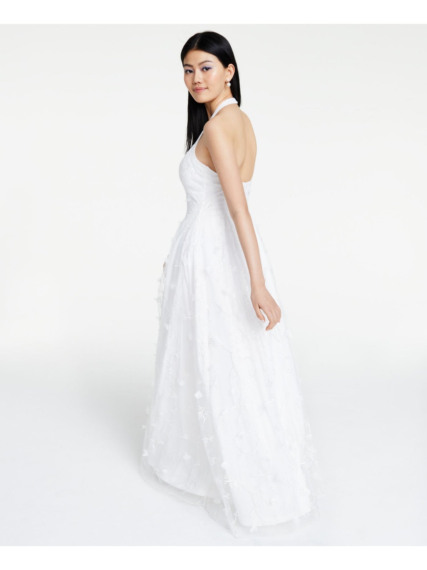 JUMP Womens White Sheer Floral Sleeveless Halter Full-Length  Fit + Flare Prom Dress Juniors 7\8