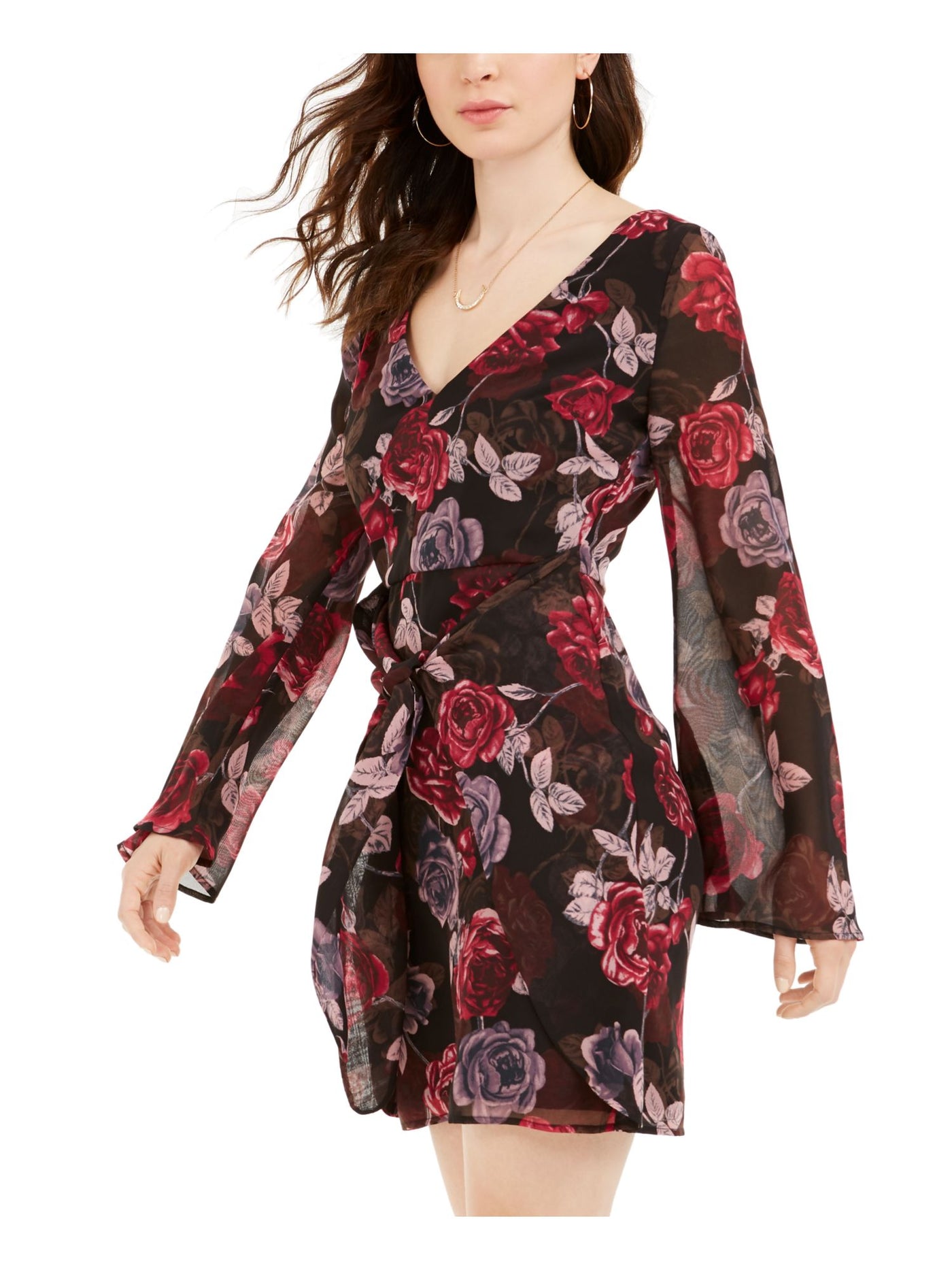 GUESS Womens Red Floral Bell Sleeve V Neck Short Party Wrap Dress XS