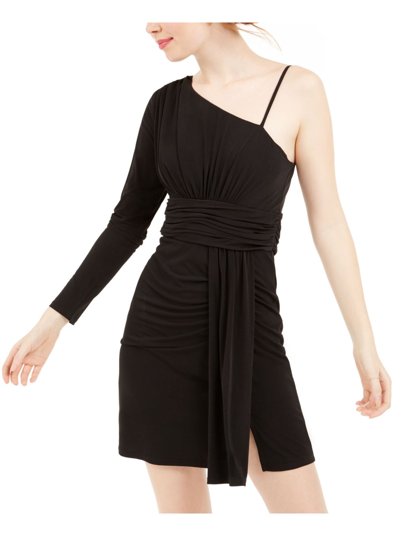 TEEZE ME Womens Black Zippered Long Sleeve Asymmetrical Neckline Short Party Body Con Dress 1\2