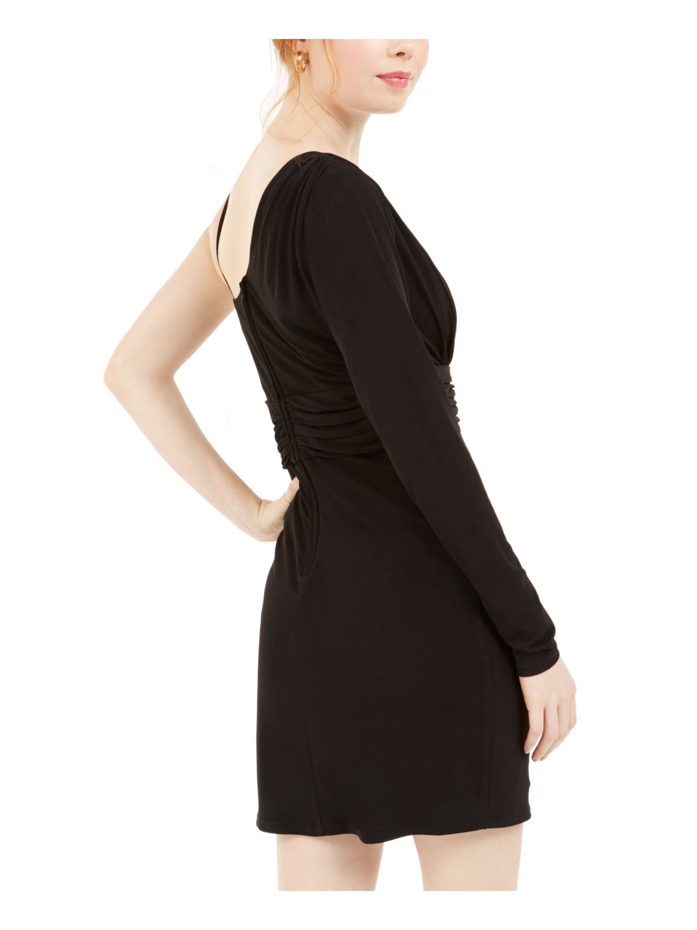 TEEZE ME Womens Black Zippered Long Sleeve Asymmetrical Neckline Short Party Body Con Dress Juniors 3\4