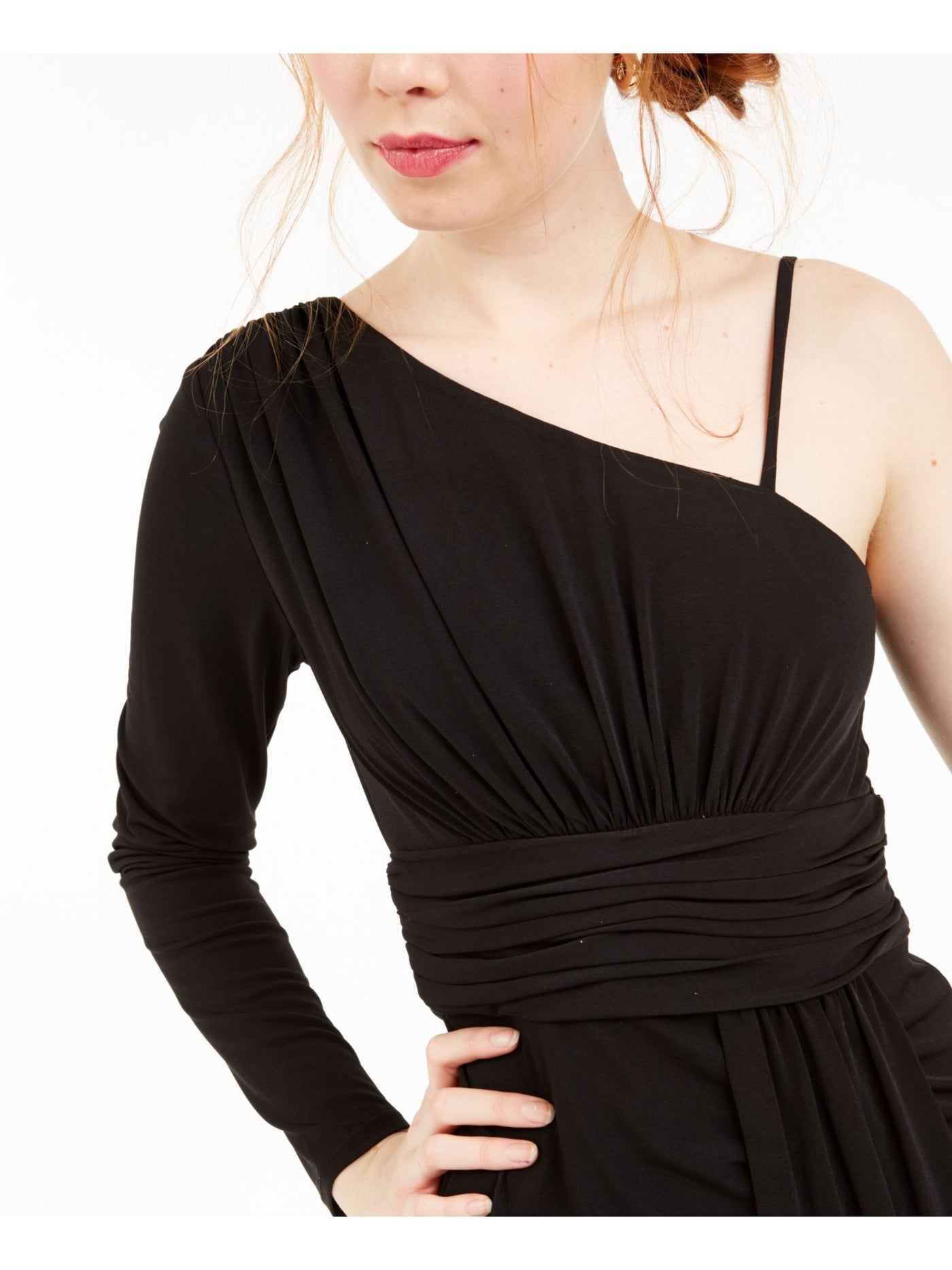 TEEZE ME Womens Black Zippered Long Sleeve Asymmetrical Neckline Short Party Body Con Dress Juniors 5\6