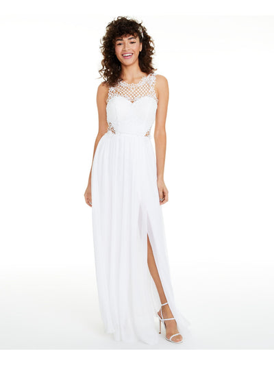 CITY STUDIO Womens White Zippered Beaded Sleeveless Illusion Neckline Full-Length  Fit + Flare Prom Dress Juniors 3