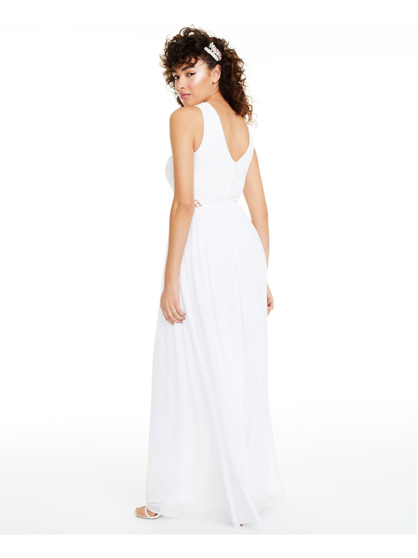 CITY STUDIO Womens Zippered Beaded Sleeveless Illusion Neckline Full-Length Formal Fit + Flare Dress