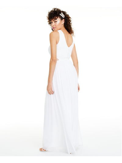 CITY STUDIO Womens White Zippered Beaded Sleeveless Illusion Neckline Full-Length  Fit + Flare Prom Dress Juniors 0