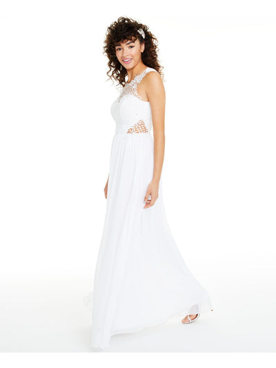 CITY STUDIO Womens White Zippered Beaded Sleeveless Illusion Neckline Full-Length  Fit + Flare Prom Dress Juniors 1