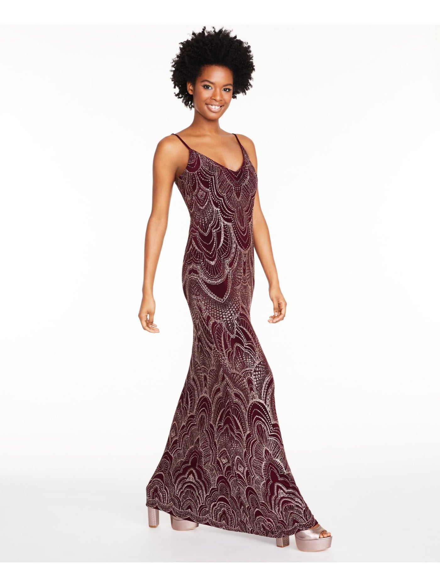 JUMP APPAREL Womens Glitter Spaghetti Strap V Neck Full-Length Formal Sheath Dress