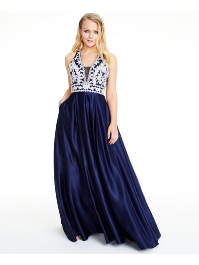BLONDIE NITES Womens Navy Embellished Textured Floral Sleeveless V Neck Full-Length Formal Fit + Flare Dress Juniors 1
