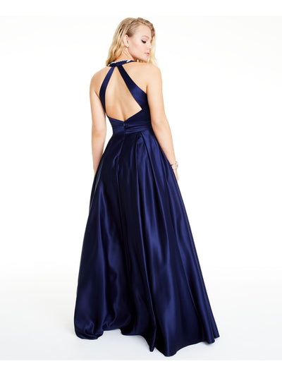 BLONDIE NITES Womens Navy Embellished Textured Floral Sleeveless V Neck Full-Length Formal Fit + Flare Dress Juniors 1