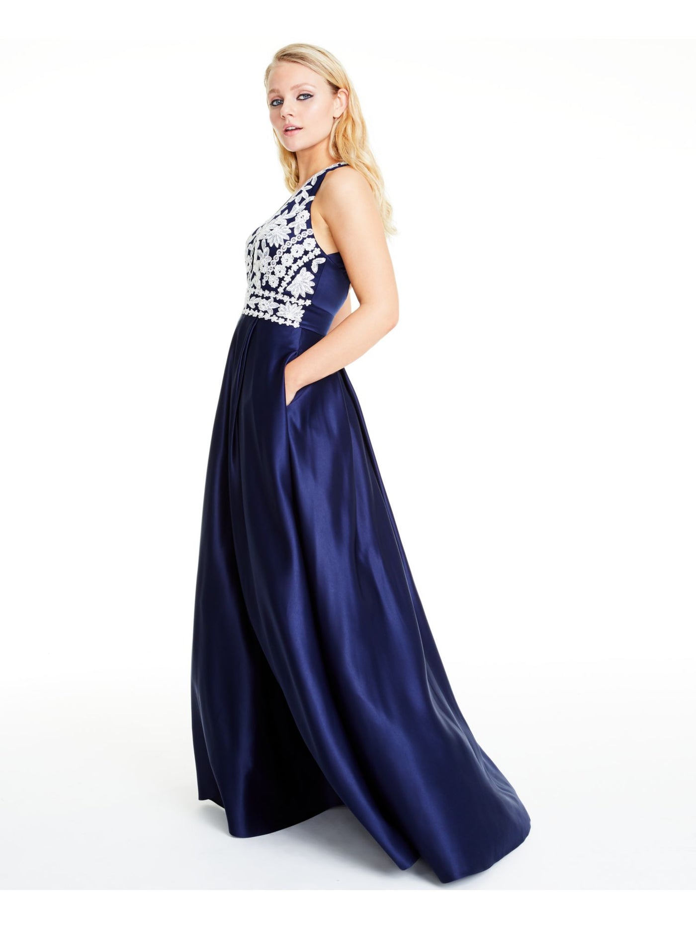 BLONDIE NITES Womens Navy Embellished Textured Floral Sleeveless V Neck Full-Length Formal Fit + Flare Dress Juniors 1