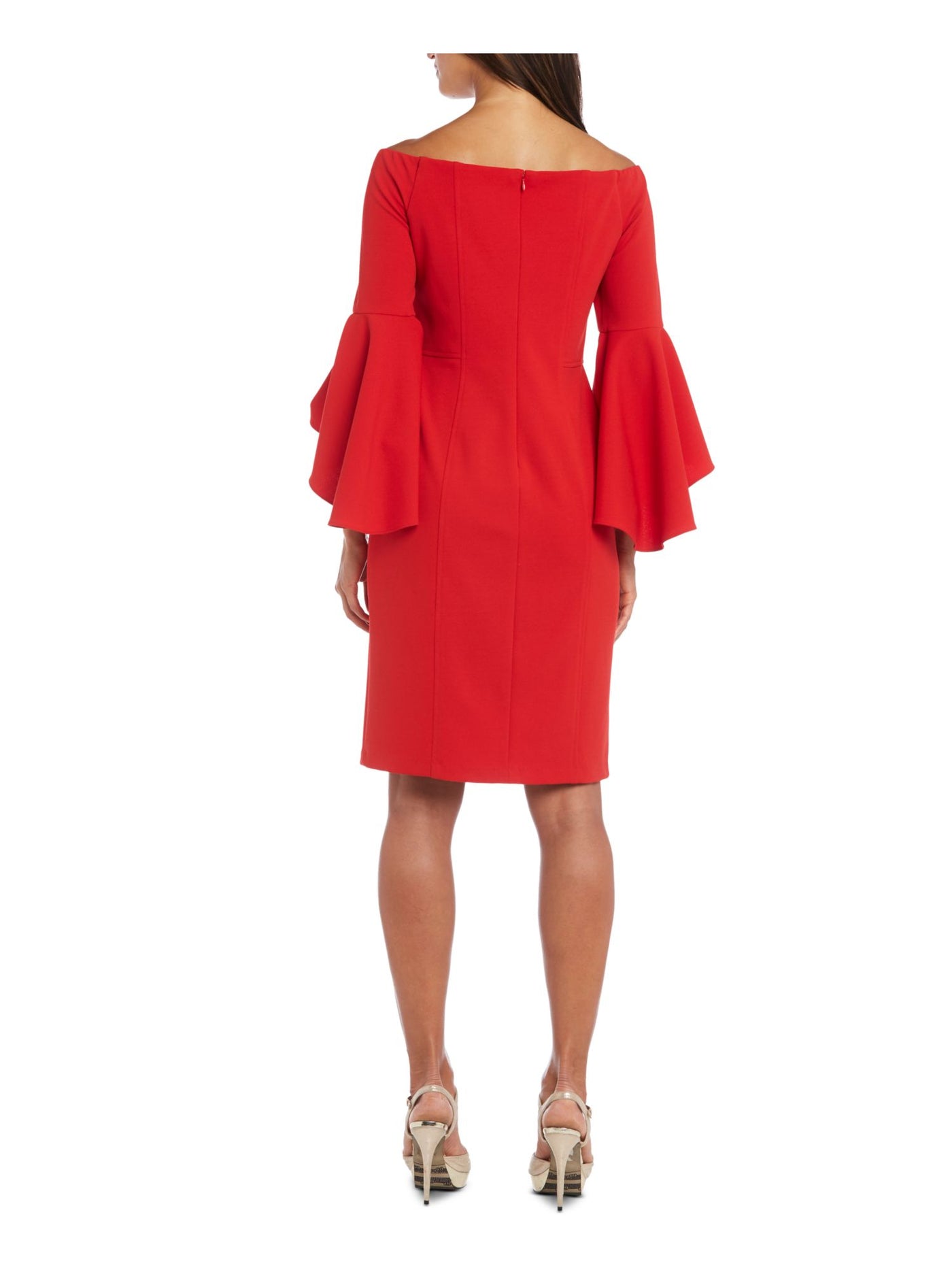 R&M RICHARDS Womens Red Stretch Zippered Ruffled Removable Straps Bell Sleeve Off Shoulder Above The Knee Cocktail Sheath Dress 16