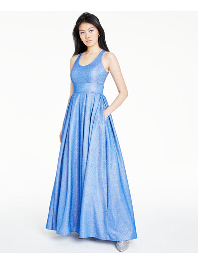 MORGAN & CO Womens Blue Glitter Pleated Gown Sleeveless Scoop Neck Full-Length Formal Fit + Flare Dress 5