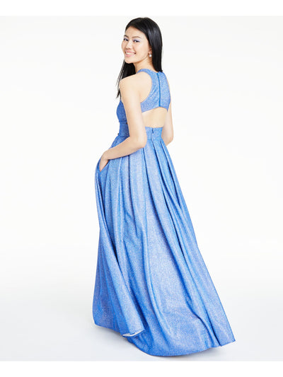 MORGAN & CO Womens Blue Glitter Sleeveless Scoop Neck Full-Length Formal Fit + Flare Dress Juniors 3