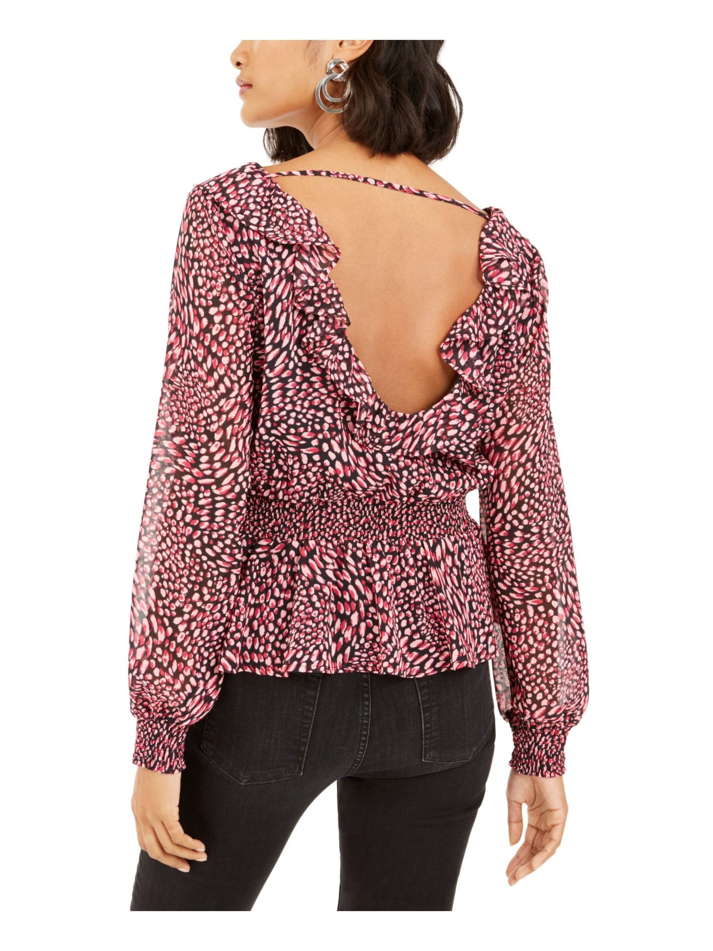 BAR III Womens Pink Ruffled Patterned Long Sleeve V Neck Top M